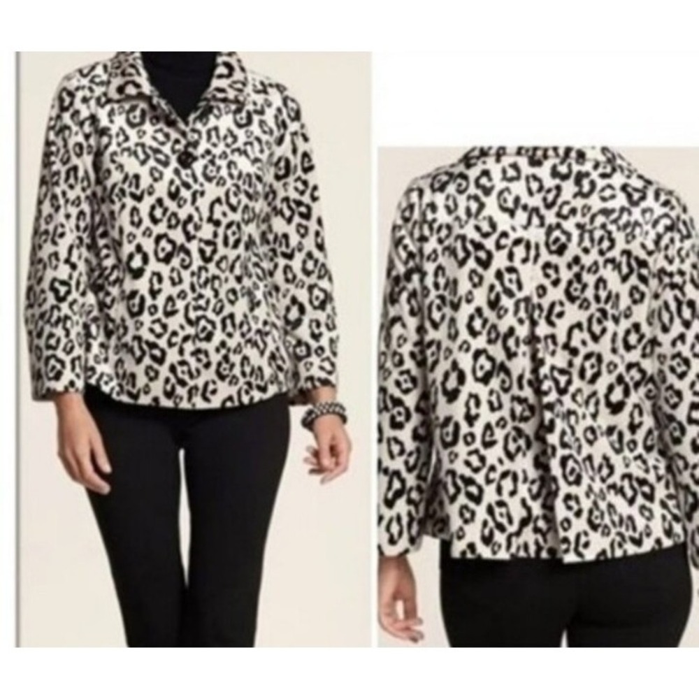 Chico's Snow Leopard Print swing jacket cream blk career office Women SZ M/8 - Picture 3 of 12